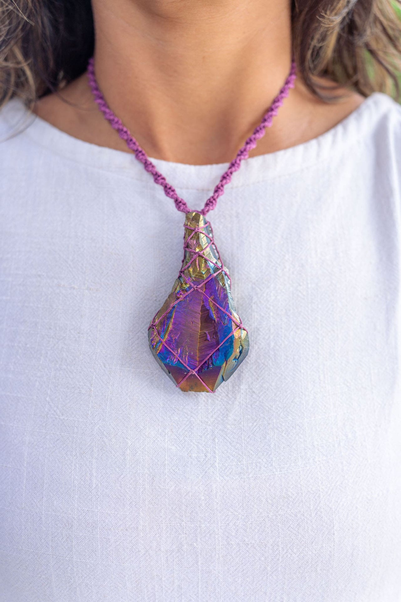 Rainbow Aura Amethyst Macramé Necklace