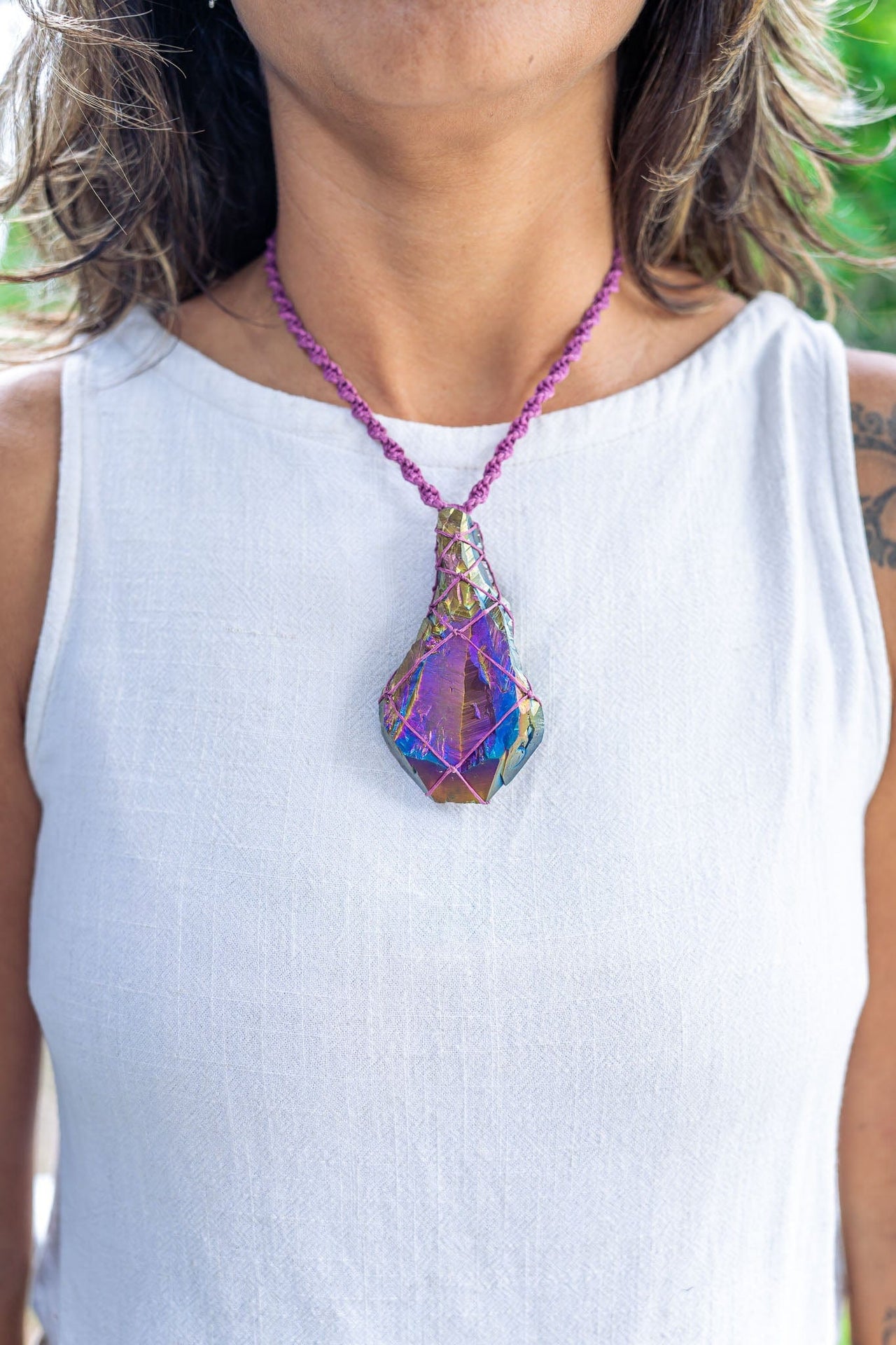 Rainbow Aura Amethyst Macramé Necklace