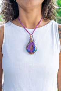 Thumbnail for Rainbow Aura Amethyst Macramé Necklace