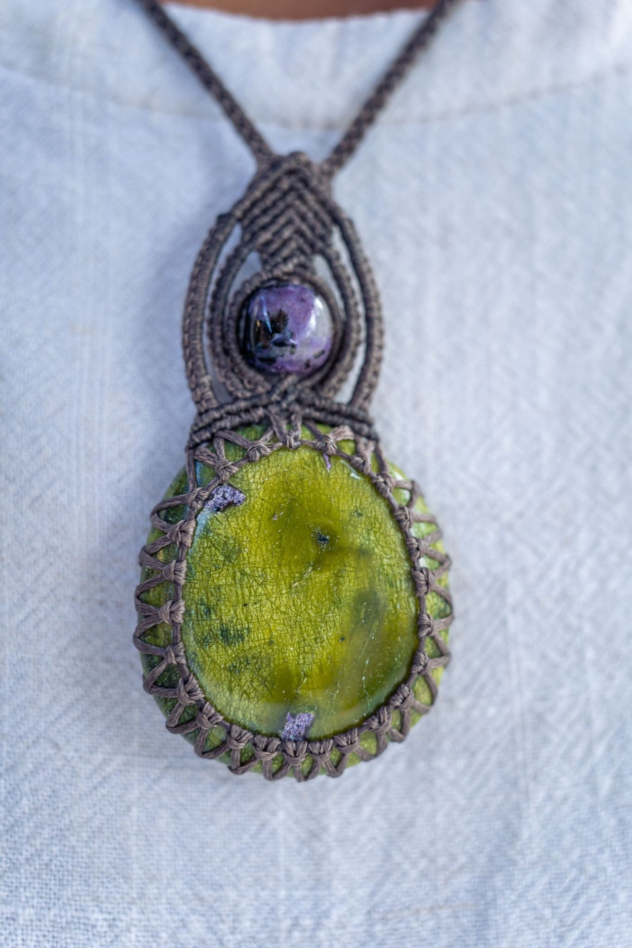 Australian Atlantisite with Charoite Macramé Necklace