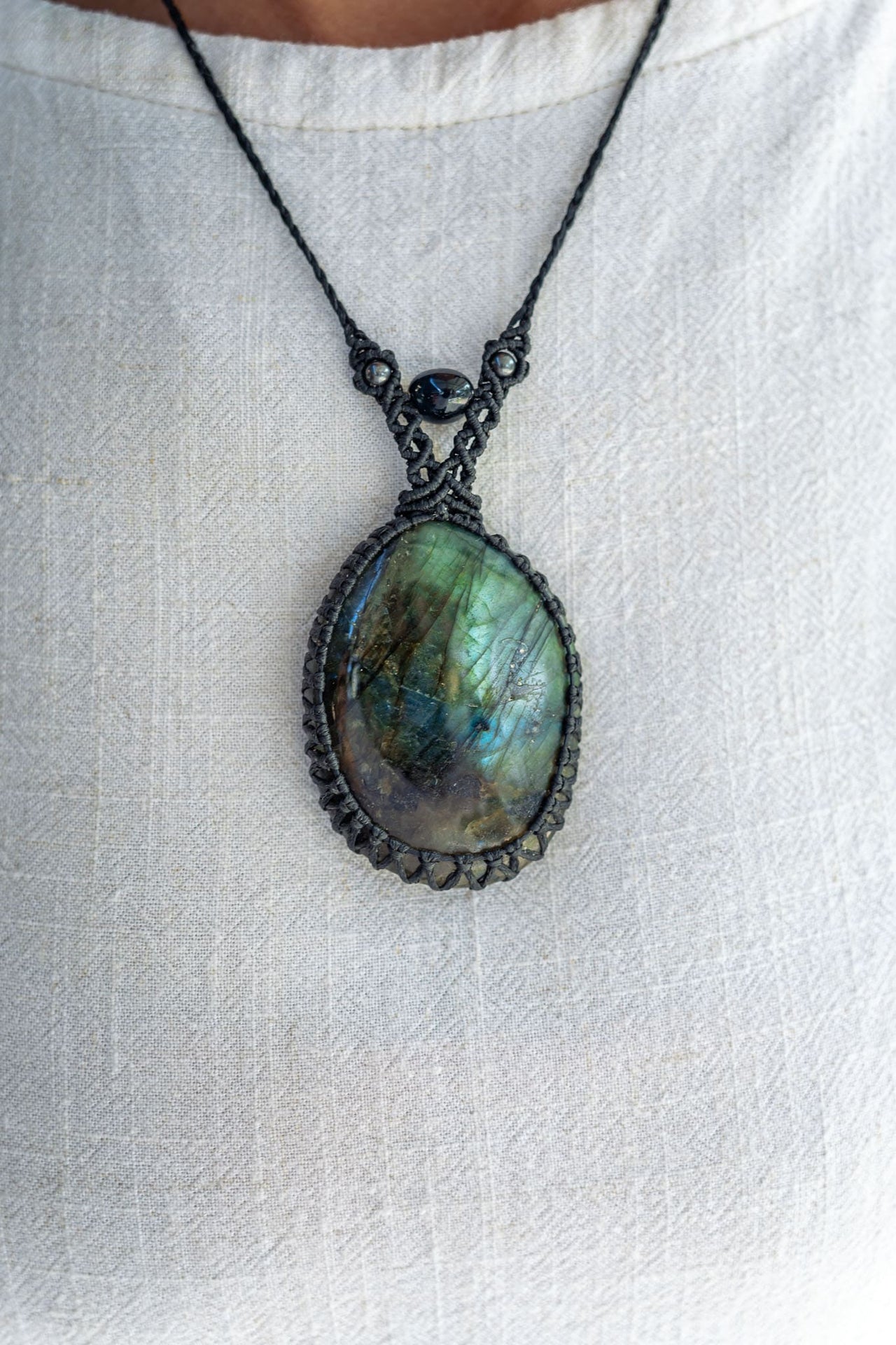 Labradorite with Blue Tigers Eye and Hematite Macramé Necklace