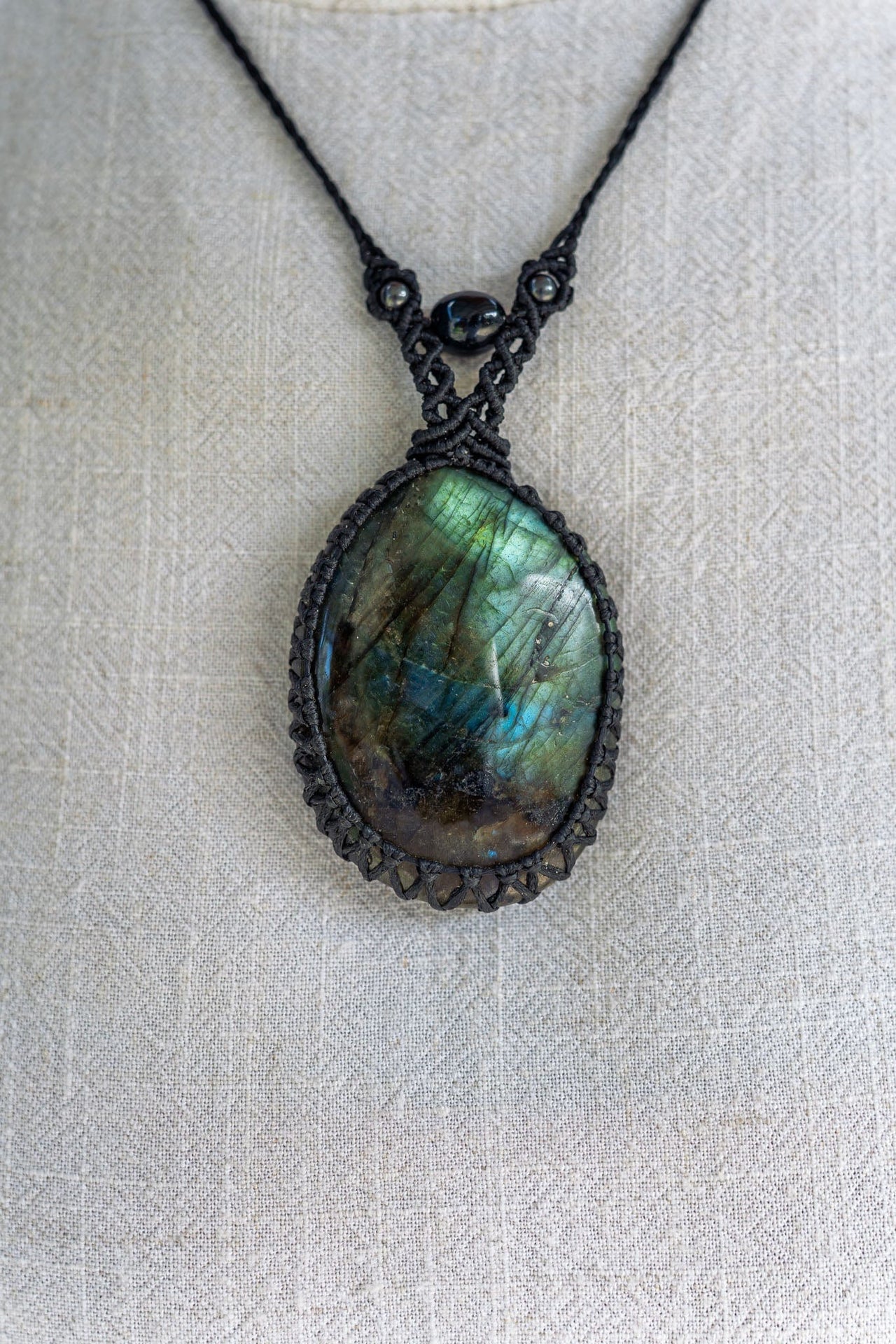 Labradorite with Blue Tigers Eye and Hematite Macramé Necklace