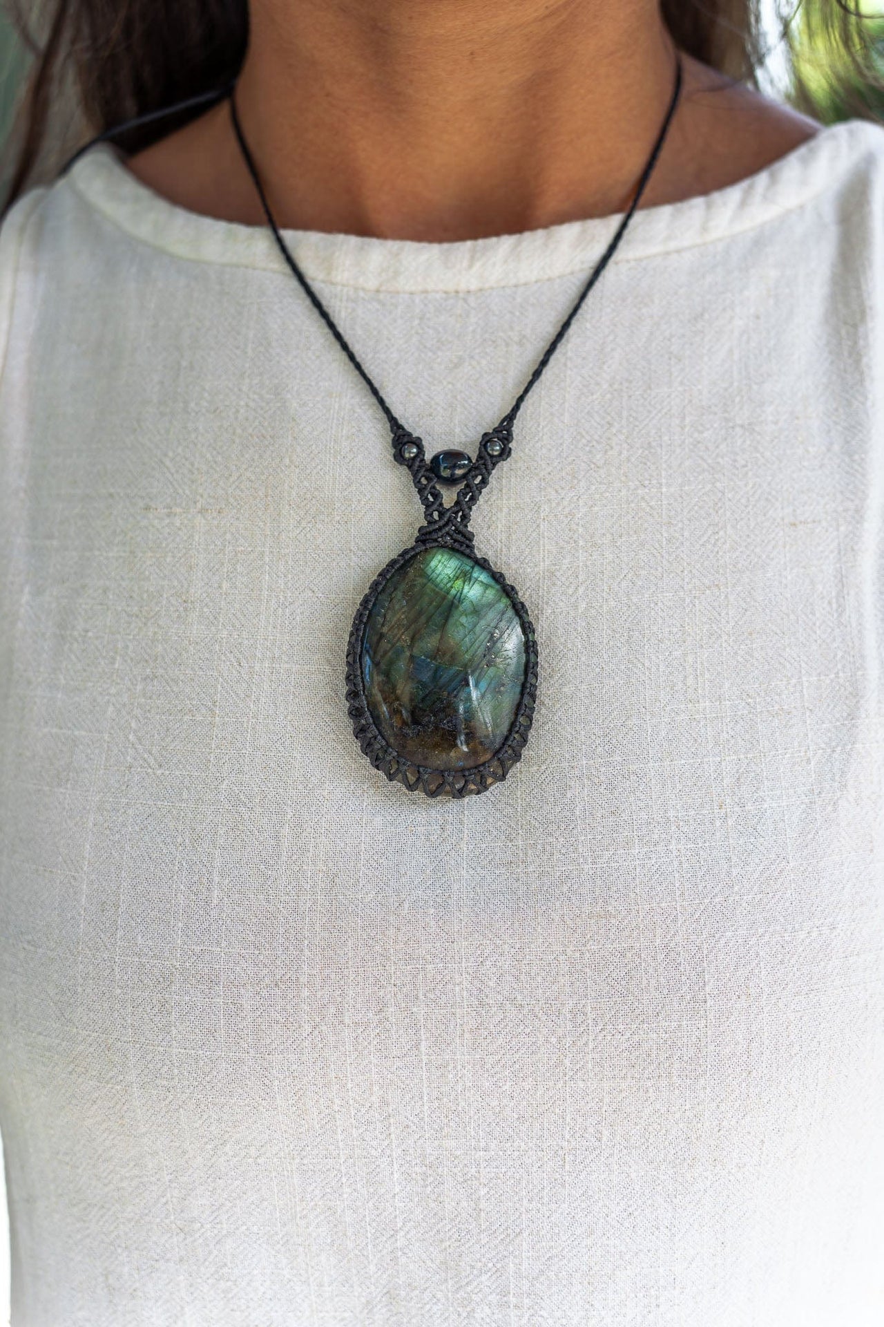 Labradorite with Blue Tigers Eye and Hematite Macramé Necklace