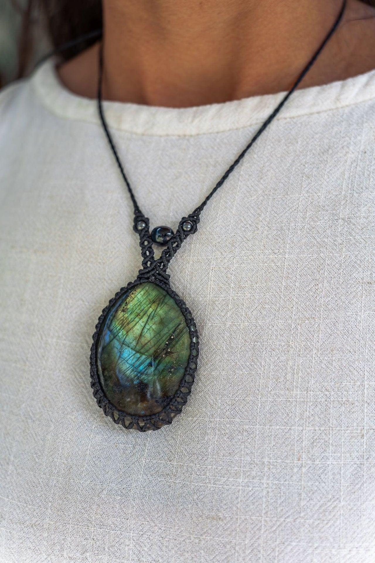 Labradorite with Blue Tigers Eye and Hematite Macramé Necklace