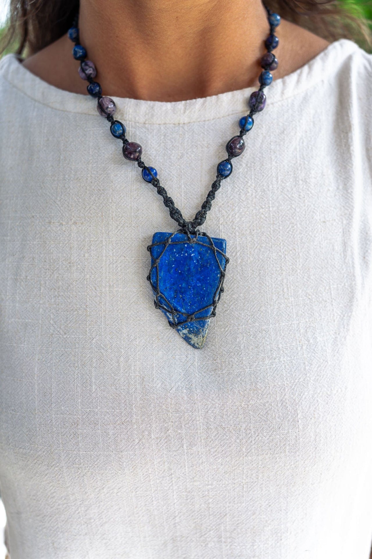 Rare Lapis Lazuli with Charoite Macramé Necklace