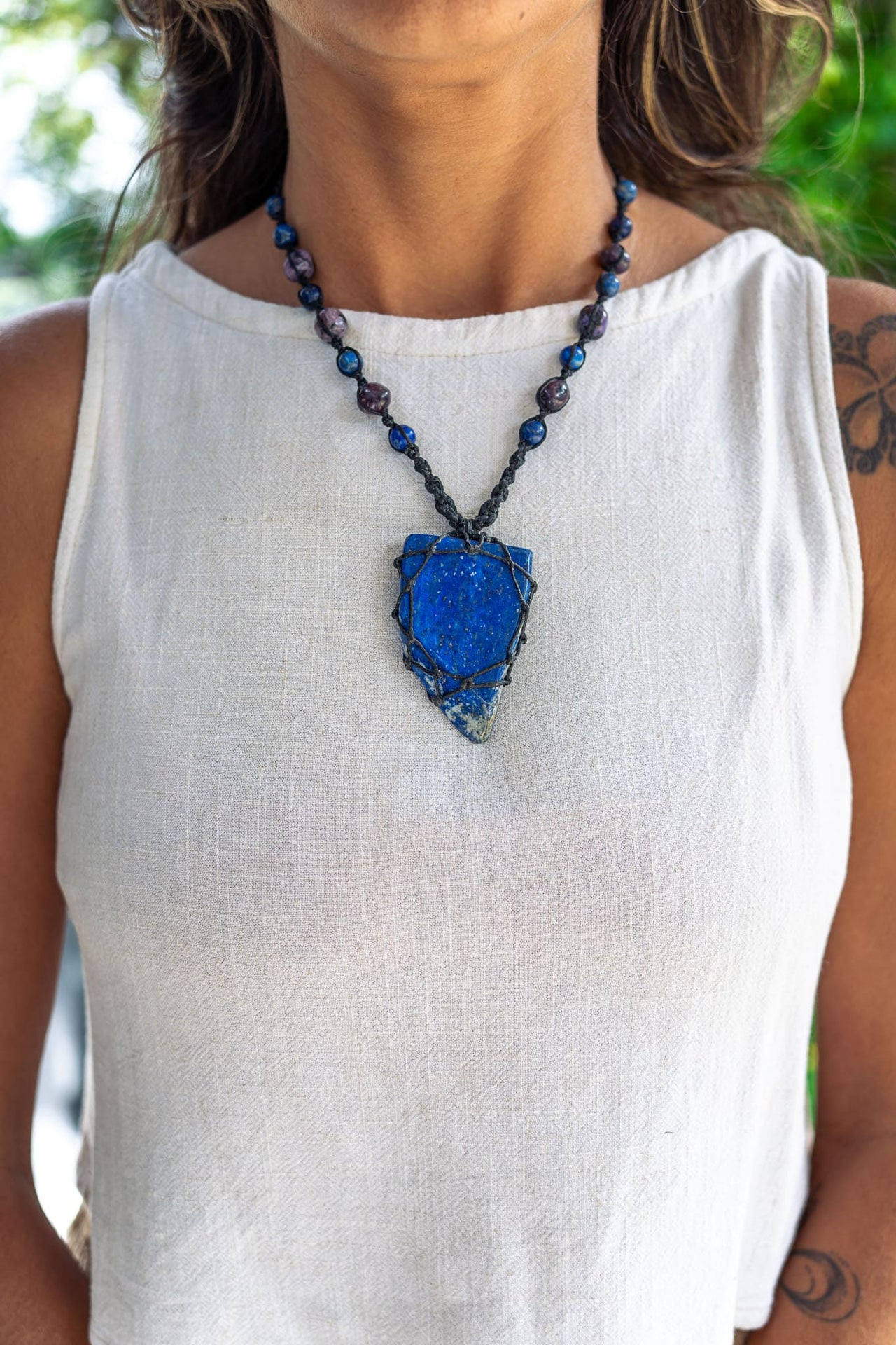 Rare Lapis Lazuli with Charoite Macramé Necklace