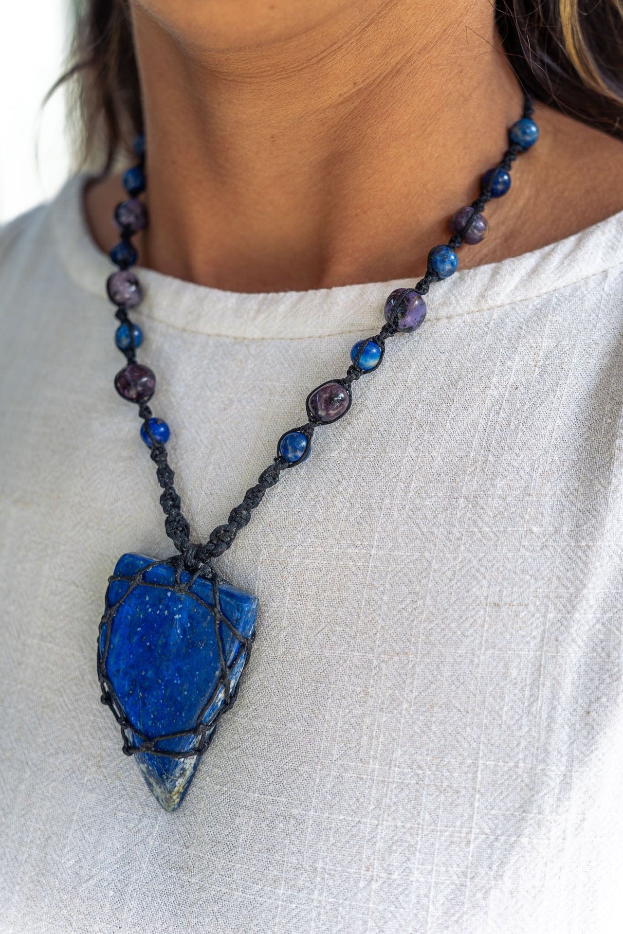 Rare Lapis Lazuli with Charoite Macramé Necklace